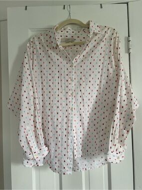 LOFT White Button-Down Shirt with Red Dot Print